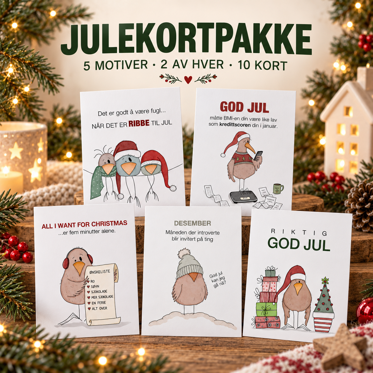Julekortpakke-10 kort (5 ulike motiver)